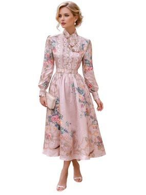 DALIA MACPHEE WHIMSICAL FLORAL SATIN SILKY PINK DRESS